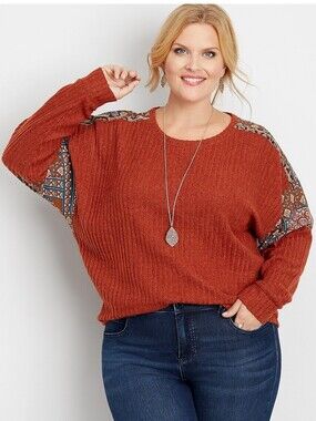 Maurices Plus Size Rust Orange Mix Print Ribbed Relaxed Fit Pullover Sweater 2X